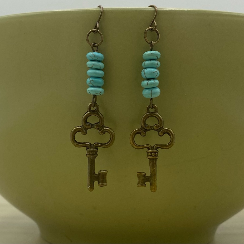 Brass Boho Key Dangle Drop Earrings Dyed Turquoise Howlite Handmade Jewelry Gift